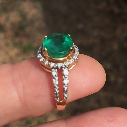 Fine Color! Colombian Emerald & Diamond Ring 14 kt