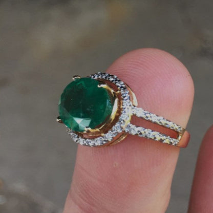 Fine Color! Colombian Emerald & Diamond Ring 14 kt