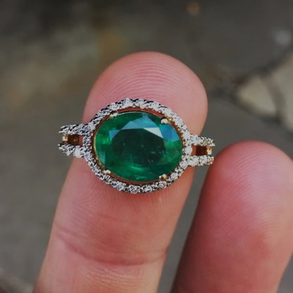 Fine Color! Colombian Emerald & Diamond Ring 14 kt