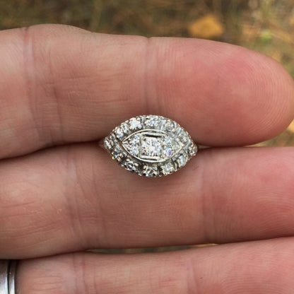 Antique! 14kt White Gold Filigree Diamond Ring