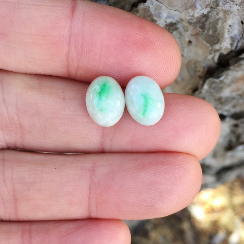 Green Spot Type A Burmese White Jadeite Cabochon Pair 10.02 Carat