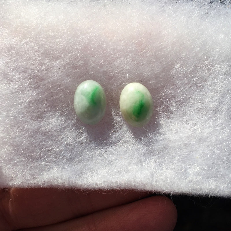 Green Spot Type A Burmese White Jadeite Cabochon Pair 10.02 Carat