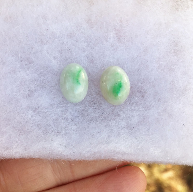 Green Spot Type A Burmese White Jadeite Cabochon Pair 10.02 Carat