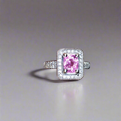 Estate Bright Pink Ceylon Sapphire Diamond 14 kt White Gold Ring