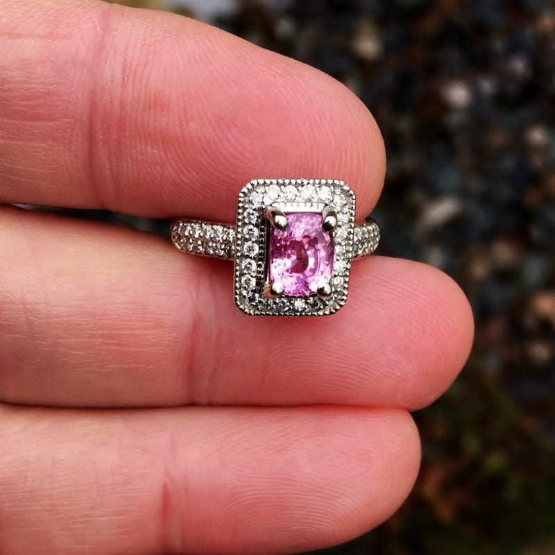 Estate Bright Pink Ceylon Sapphire Diamond 14 kt White Gold Ring