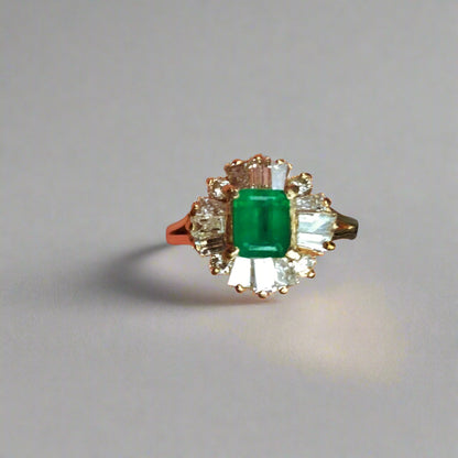 Fine Color! Colombian Emerald & Diamond Ring 14 kt