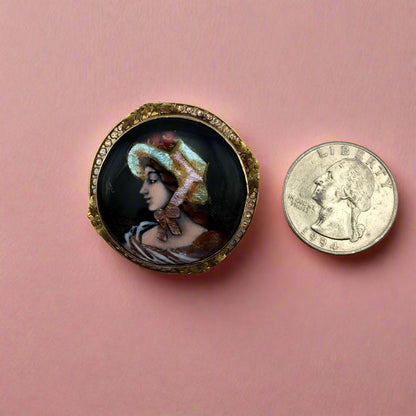 Antique! Shell and Enamel Cameo Pin 10-karat Yellow Gold